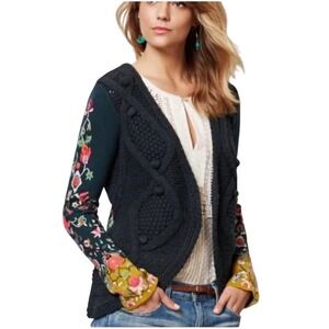 Anthropologie Sleeping On Snow Cable Knit Cardigan Embroidered Sz MED Navy Boho
